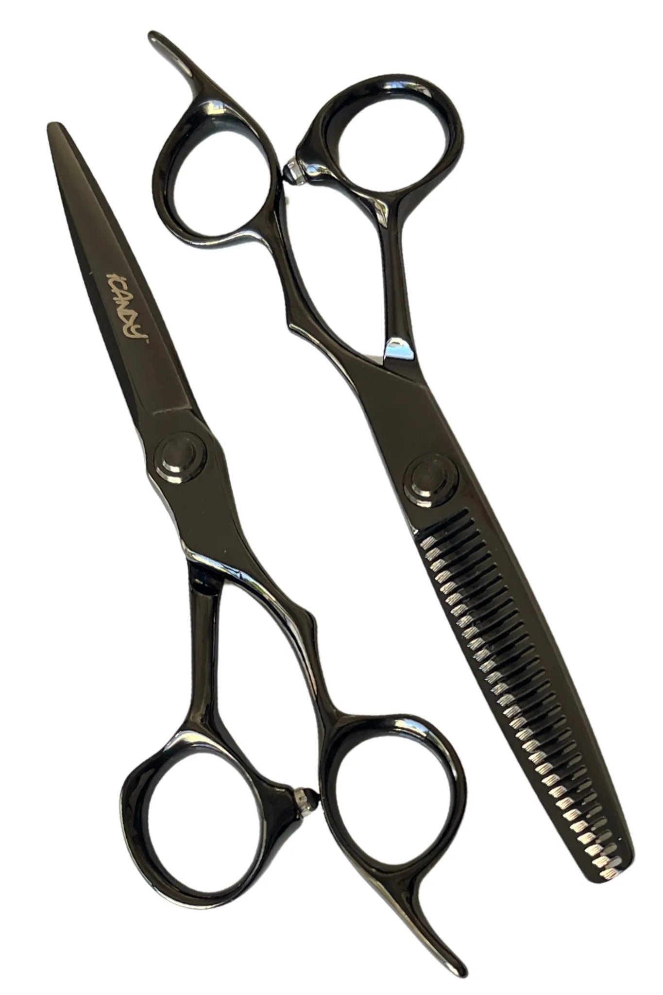 iCandy EVOLVE Midnight Black VG10 Hairdressing Scissor & Thinner Bundle 6.0 inch featuring premium Japanese VG10 steel cutting scissors and 30-tooth texturising thinner with ergonomic offset handles, convex edges, ball-bearing tension system and gloss Midnight Black Teflon nano coating for professional hairdressers and barbers.