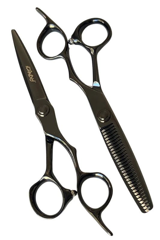 iCandy EVOLVE Midnight Black VG10 Hairdressing Scissor & Thinner Bundle 6.0 inch featuring premium Japanese VG10 steel cutting scissors and 30-tooth texturising thinner with ergonomic offset handles, convex edges, ball-bearing tension system and gloss Midnight Black Teflon nano coating for professional hairdressers and barbers.