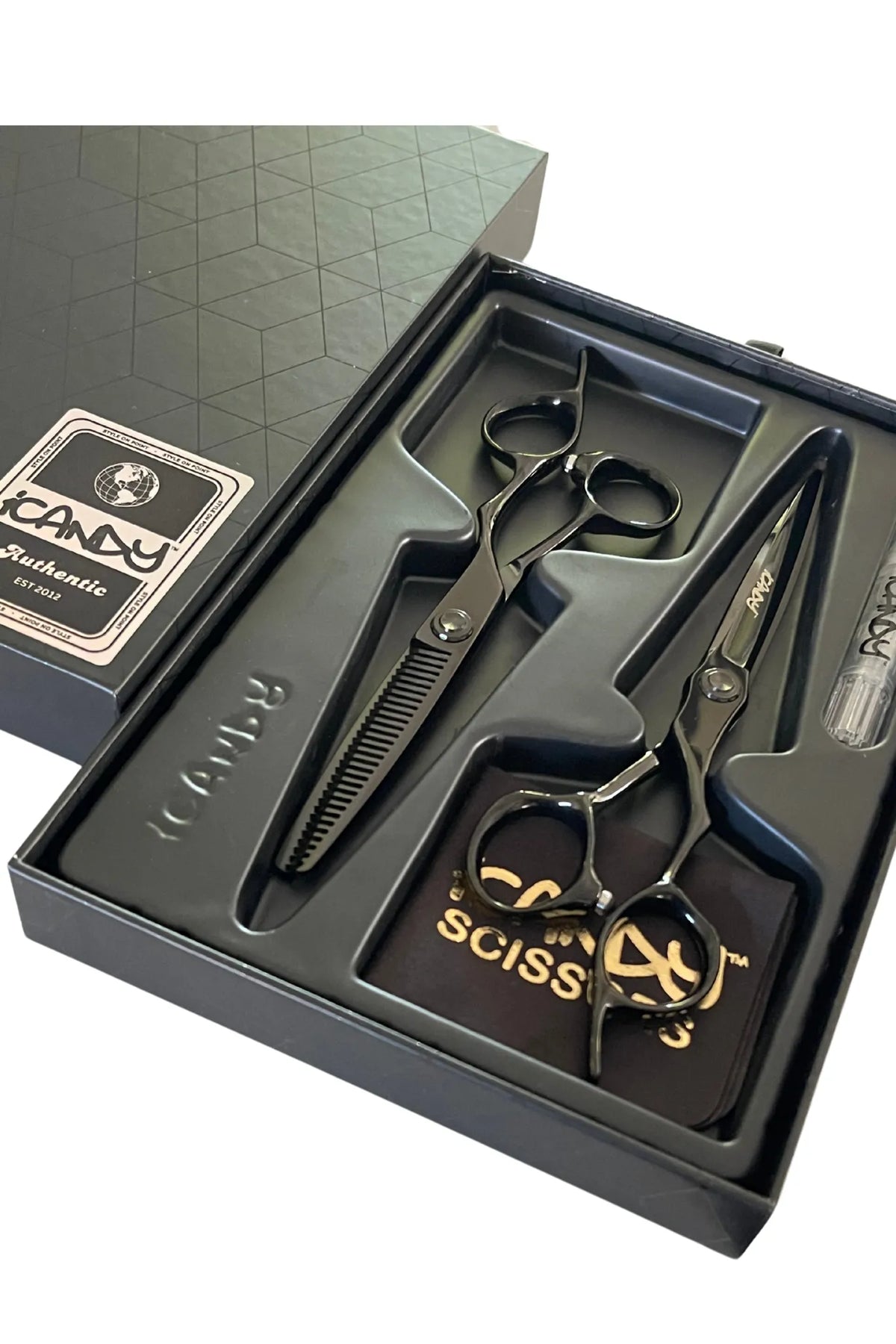 iCandy EVOLVE Midnight Black VG10 Hairdressing Scissor and Thinner Bundle 6.5 and 6.0 inch in premium iCandy gift box featuring Japanese VG10 steel, ergonomic offset handles, midnight black titanium coating and professional salon performance.