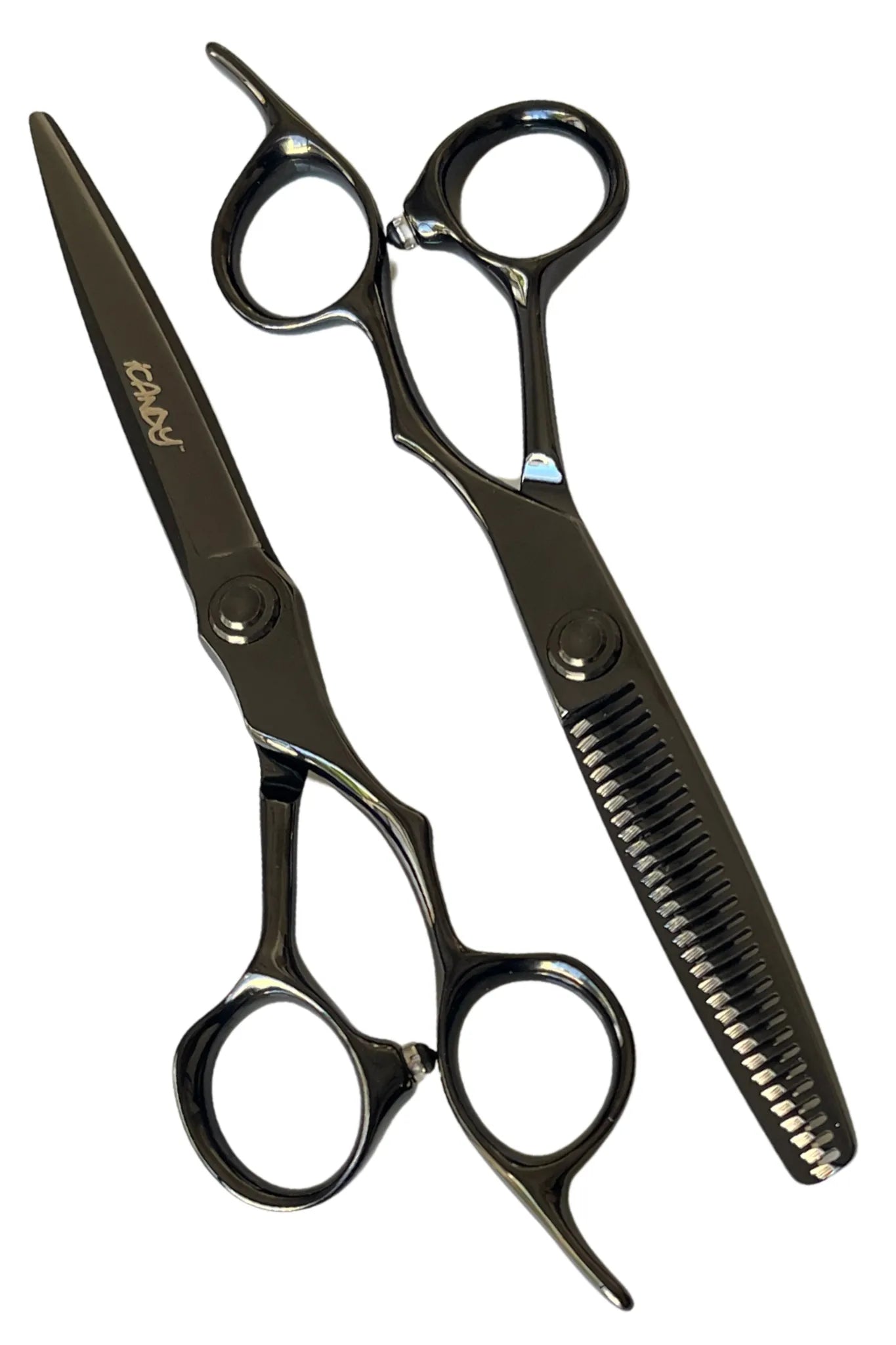 iCandy EVOLVE Midnight Black VG10 professional hairdressing scissors 6.5 inch and 30-tooth thinning scissors 6.0 inch bundle crafted from premium Japanese VG10 steel with a durable midnight black titanium coating for precision cutting, blending and texturising.
