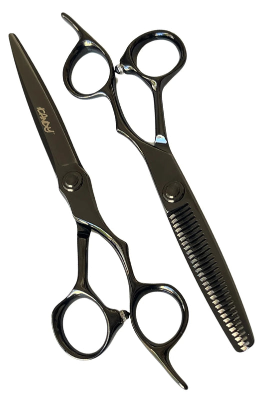 iCandy EVOLVE Midnight Black VG10 professional hairdressing scissors 6.5 inch and 30-tooth thinning scissors 6.0 inch bundle crafted from premium Japanese VG10 steel with a durable midnight black titanium coating for precision cutting, blending and texturising.
