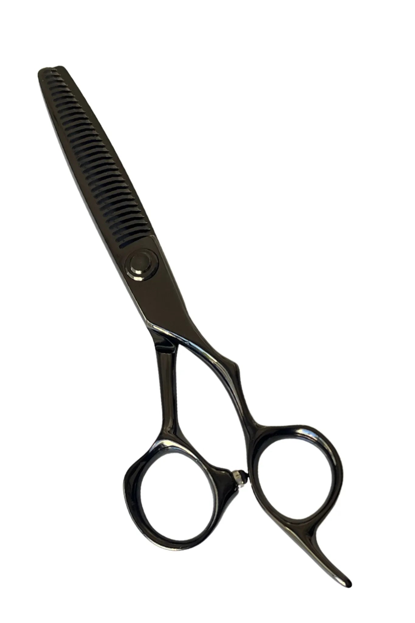 iCandy EVOLVE Midnight Black VG10 6.0 inch professional thinning scissors with 30 precision teeth, Japanese VG10 steel, premium midnight black titanium coating, ergonomic offset handle and smooth texturising performance for hairdressers and barbers.