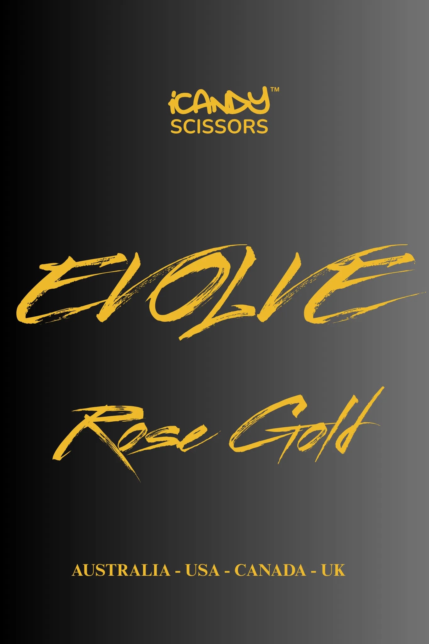 iCandy EVOLVE Rose Gold Hairdressing Scissors Poster featuring premium Japanese VG10 steel professional cutting scissors with elegant rose gold finish, ergonomic offset handle, convex edge blade and precision craftsmanship for Australian hairdressers and barbers.