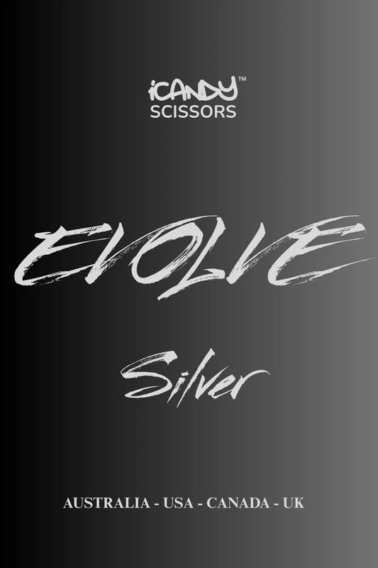 iCandy EVOLVE Silver VG10 professional hairdressing scissors promotional poster showcasing Japanese TAKEFU VG10 steel, innovative ergonomic design and precision cutting performance for professional hairdressers and barbers.