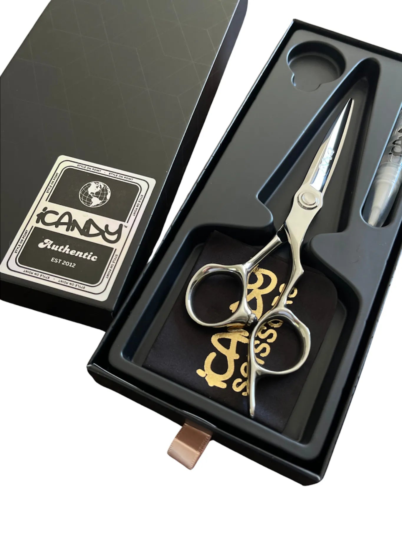 iCandy EVOLVE Silver VG10 Hairdressing Scissors 6.0 inch presented in the official iCandy premium gift box, featuring Japanese  VG10 steel, mirror polished finish, ergonomic offset handle and precision cutting performance for professional hairdressers and barbers.