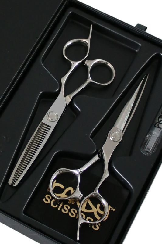 iCandy EVOLVE Silver VG10 Hairdressing Scissor and Thinner Bundle 6.0 inch presented in the official iCandy premium gift box, crafted from Japanese TAKEFU VG10 steel for professional salon cutting and texturising performance.