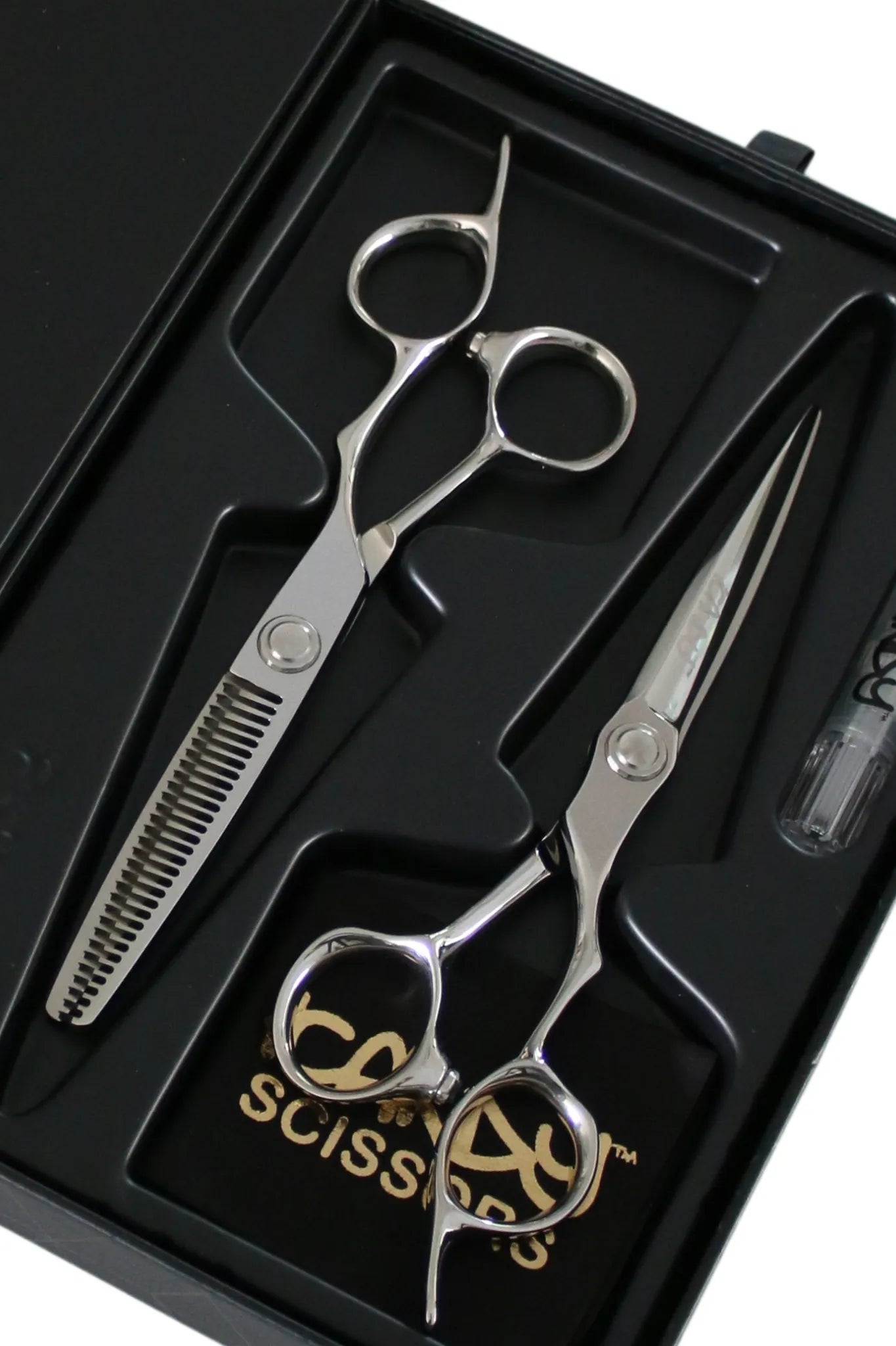 iCandy EVOLVE Silver VG10 professional hairdressing scissors promotional artwork highlighting premium Japanese VG10 steel, innovative ergonomic design and precision cutting performance for salon professionals.