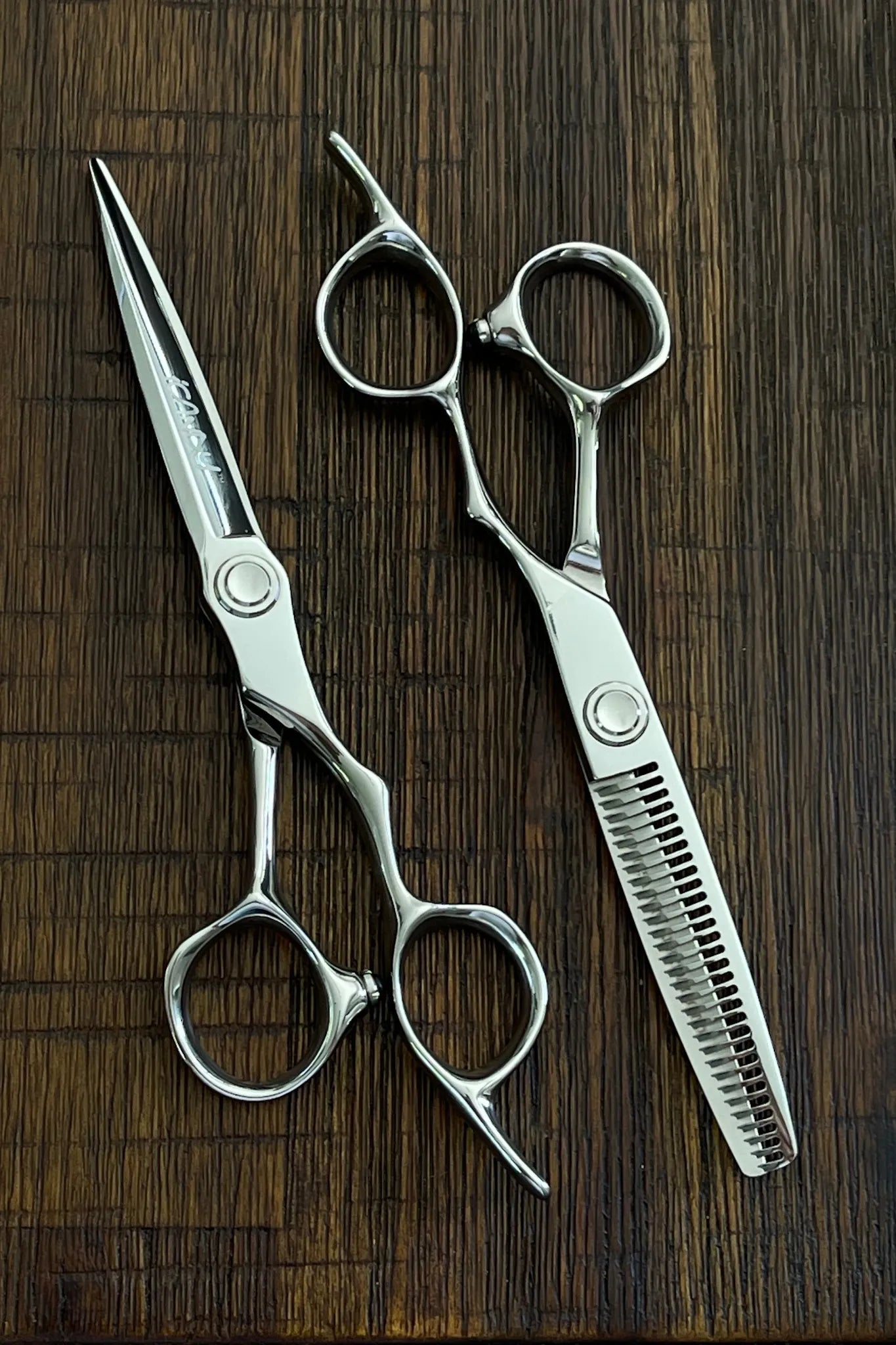 iCandy EVOLVE Silver VG10 professional hairdressing scissors and 30-tooth thinning scissors 6.0 inch bundle featuring mirror polished Japanese VG10 steel, ergonomic offset handles and precision convex edges.