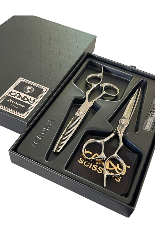 iCandy Evolve Silver Scissor and Thinner Bundle – professional hairdressing and barber scissors set made from VG10 Japanese steel. 6.5/6.0 inch