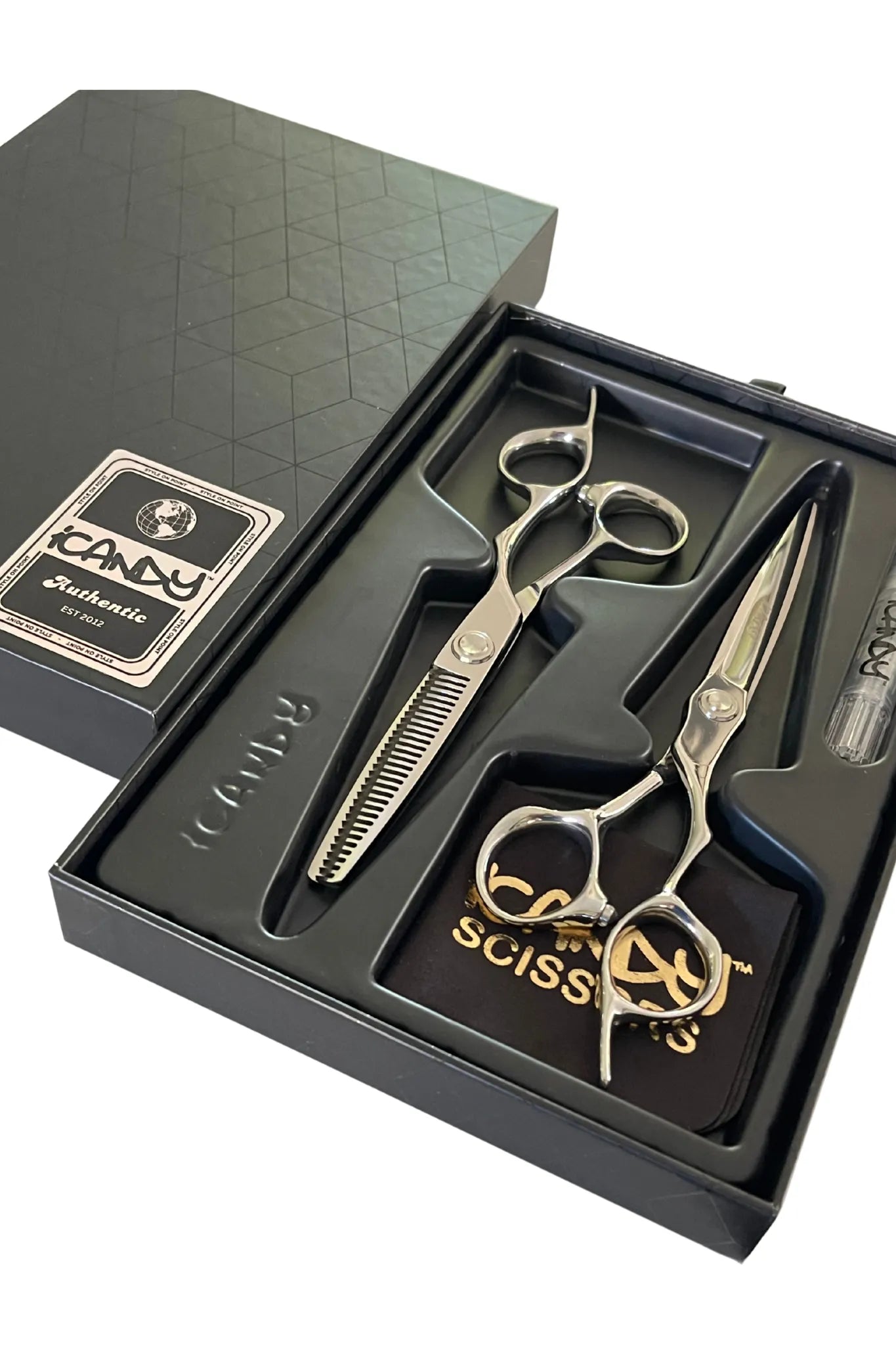 iCandy EVOLVE Silver VG10 Hairdressing Scissor and Thinner Bundle 6.5 and 6.0 inch in premium iCandy gift box featuring Japanese VG10 steel, mirror polished finish, ergonomic offset handles and professional salon cutting performance.