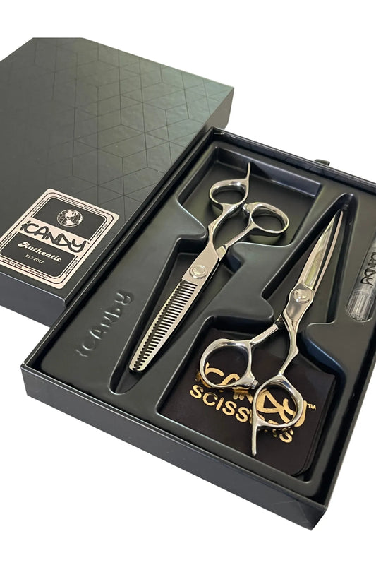 iCandy EVOLVE Silver VG10 Hairdressing Scissor and Thinner Bundle 6.5 and 6.0 inch in premium iCandy gift box featuring Japanese TAKEFU VG10 steel, mirror polished finish, ergonomic offset handles and professional salon cutting performance.