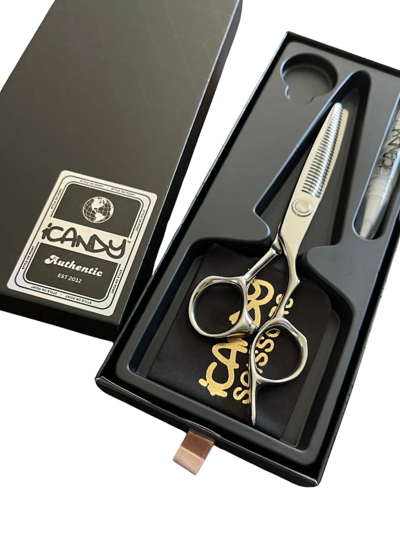 iCandy EVOLVE Silver VG10 Thinning Scissors 6.0 inch presented in the official iCandy premium gift box, crafted from Japanese TAKEFU VG10 steel with 30 precision texturising teeth for professional hairdressers and barbers.