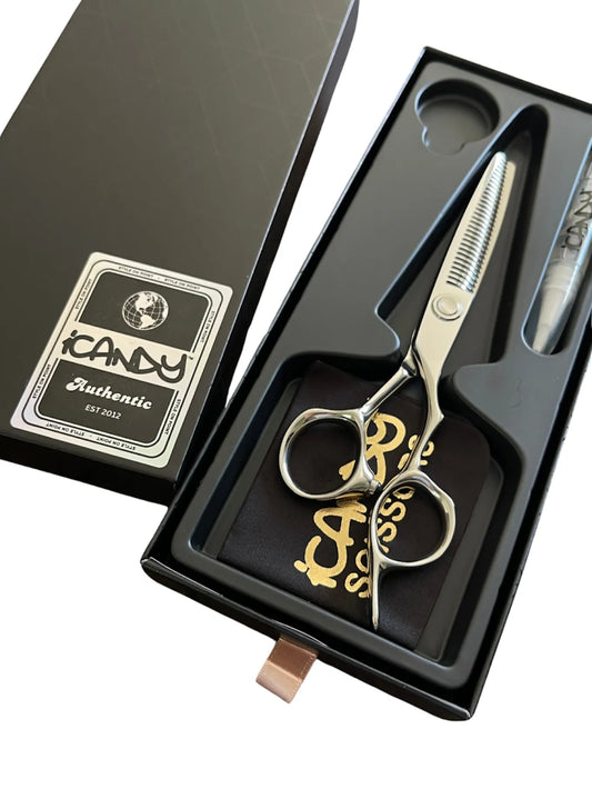 iCandy EVOLVE Silver VG10 Thinning Scissors 6.0 inch presented in the official iCandy premium gift box, crafted from Japanese TAKEFU VG10 steel with 30 precision texturising teeth for professional hairdressers and barbers.