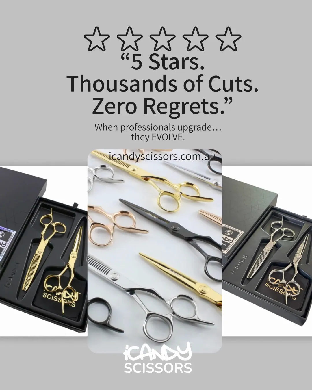 iCandy EVOLVE VG10 professional hairdressing and barber scissors collection in Rose Gold, Yellow Gold, Silver and Midnight Black, premium Japanese VG10 shears with 5-star reviews, thousands of cuts and zero regrets.