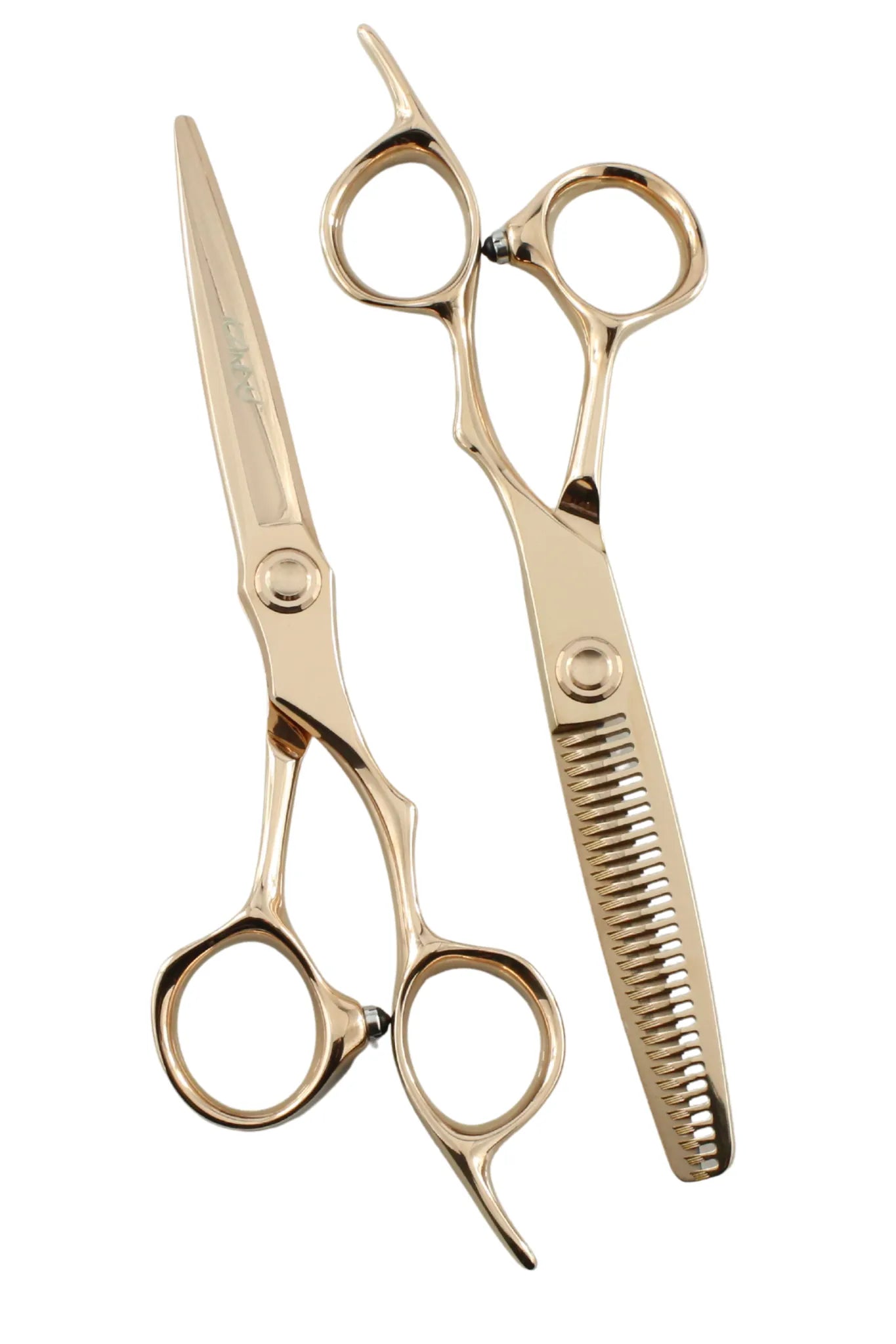 iCandy EVOLVE Rose Gold VG10 professional hairdressing scissors and 30-tooth thinning scissors 6.0 inch bundle crafted from premium Japanese TAKEFU VG10 steel with a durable rose gold titanium coating for precision cutting, blending and texturising.