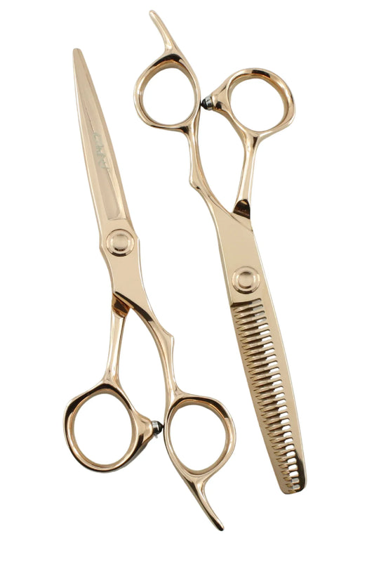 iCandy EVOLVE Rose Gold VG10 professional hairdressing scissors and 30-tooth thinning scissors 6.0 inch bundle crafted from premium Japanese TAKEFU VG10 steel with a durable rose gold titanium coating for precision cutting, blending and texturising.