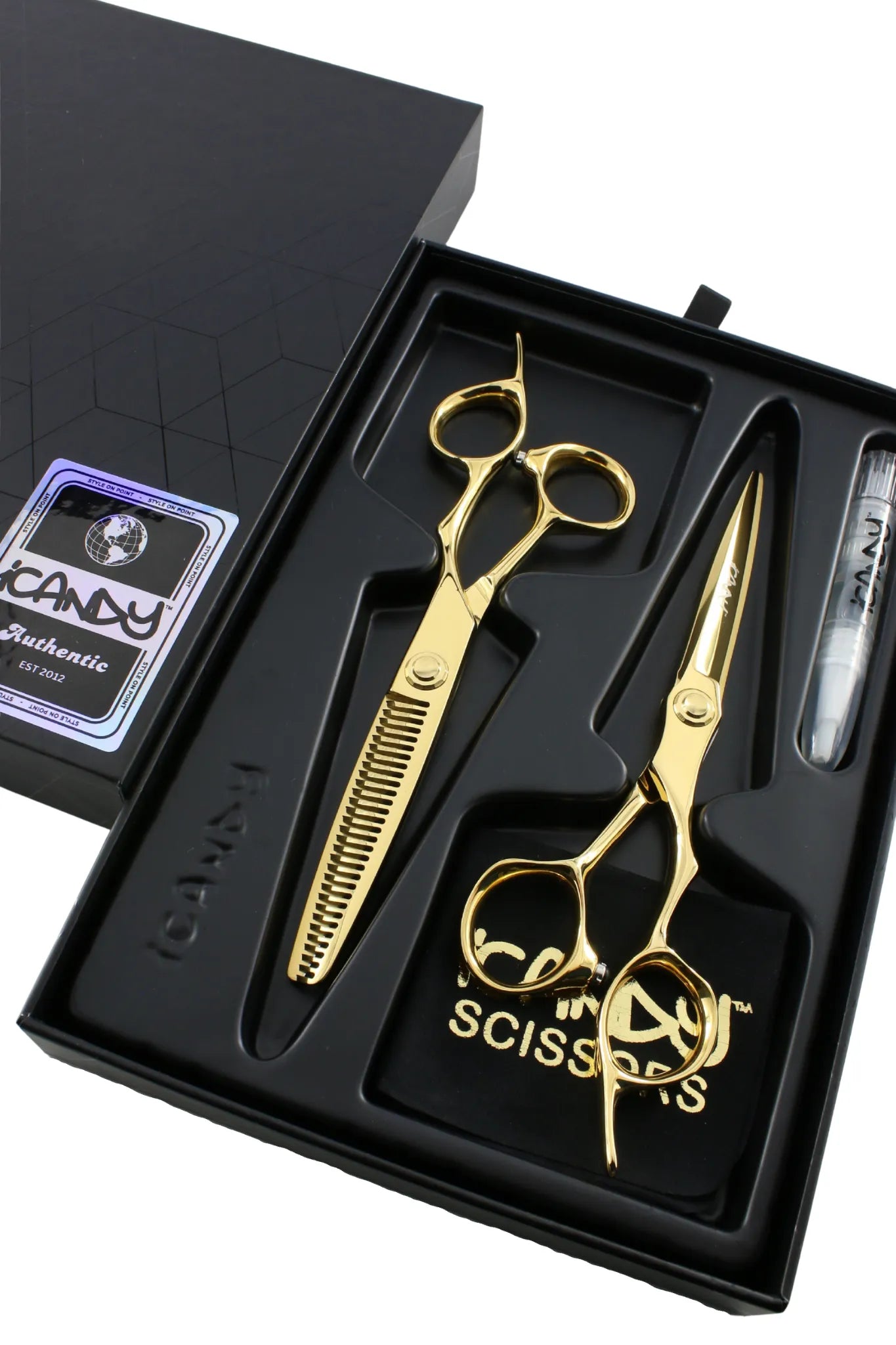 iCandy EVOLVE Yellow Gold VG10 Hairdressing Scissor and Thinner Bundle 6.0 inch in premium iCandy gift box featuring Japanese VG10 steel, ergonomic offset handles, yellow gold titanium coating and professional salon performance.