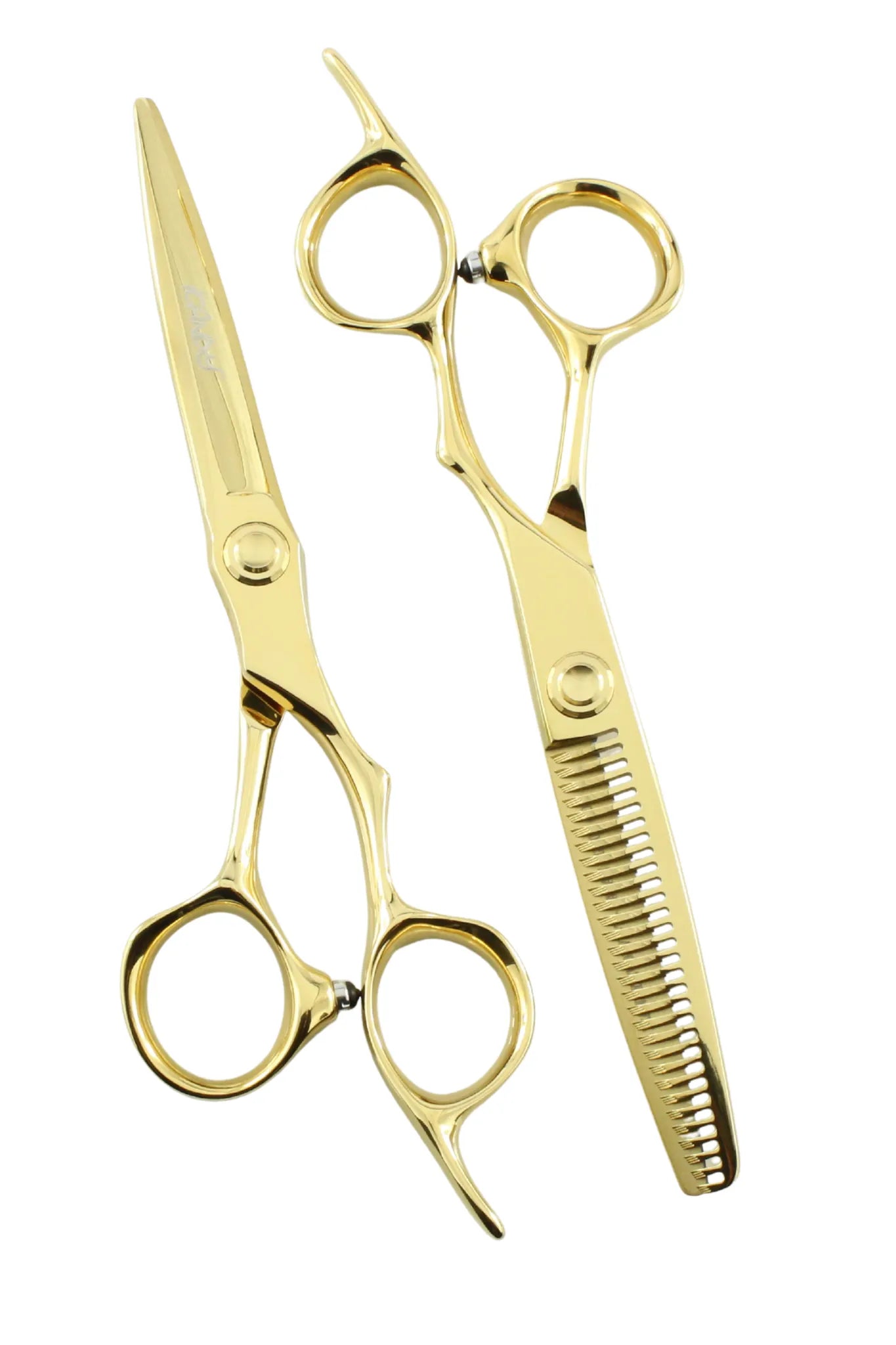 iCandy EVOLVE Yellow Gold VG10 professional hairdressing scissors and 30-tooth thinning scissors 6.0 inch bundle crafted from premium Japanese VG10 steel with a durable yellow gold titanium coating for precision cutting, blending and texturising.