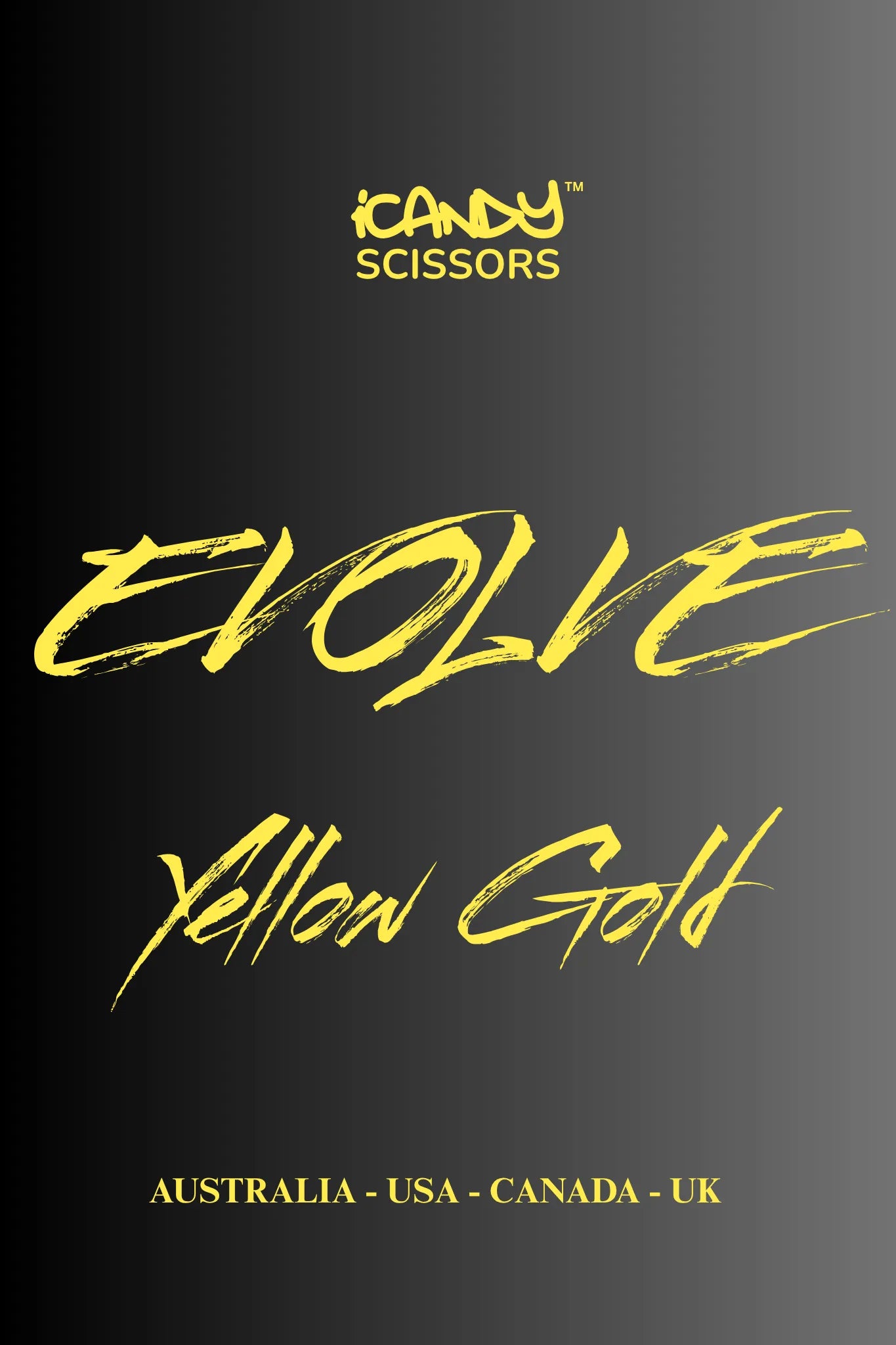 iCandy EVOLVE Yellow Gold VG10 professional hairdressing scissors promotional poster showcasing Japanese VG10 steel, premium yellow gold titanium coating, innovative ergonomic design and precision cutting performance for professional hairdressers and barbers.
