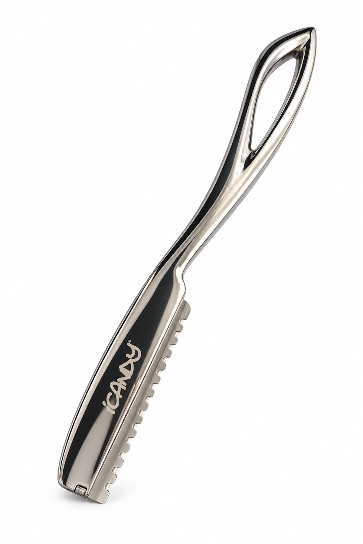 iCandy LUXE Magnetic Mirror Silver Feathering Razor with curved non-swivel handle and guarded blade on white background.