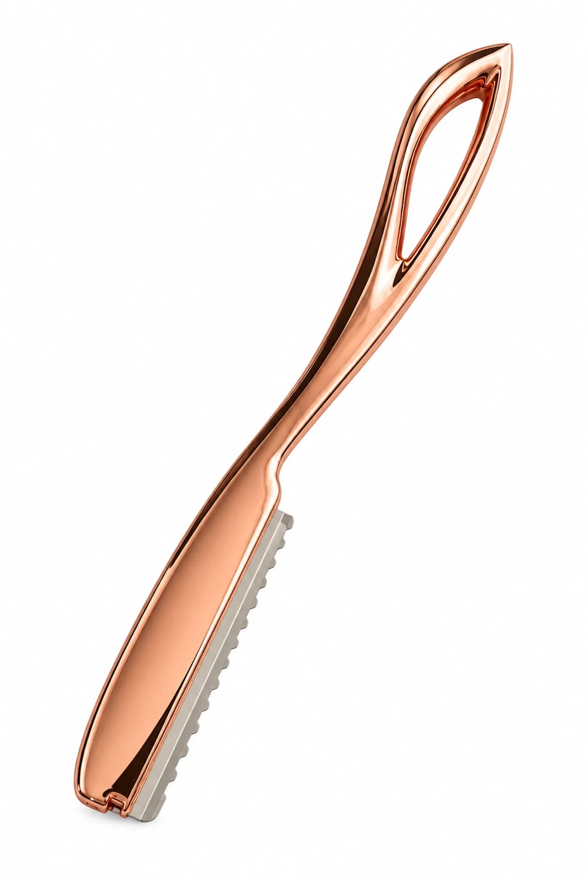 iCandy LUXE Magnetic Rose Gold Feathering Razor featuring polished metallic finish, curved non-swivel handle and guarded blade.