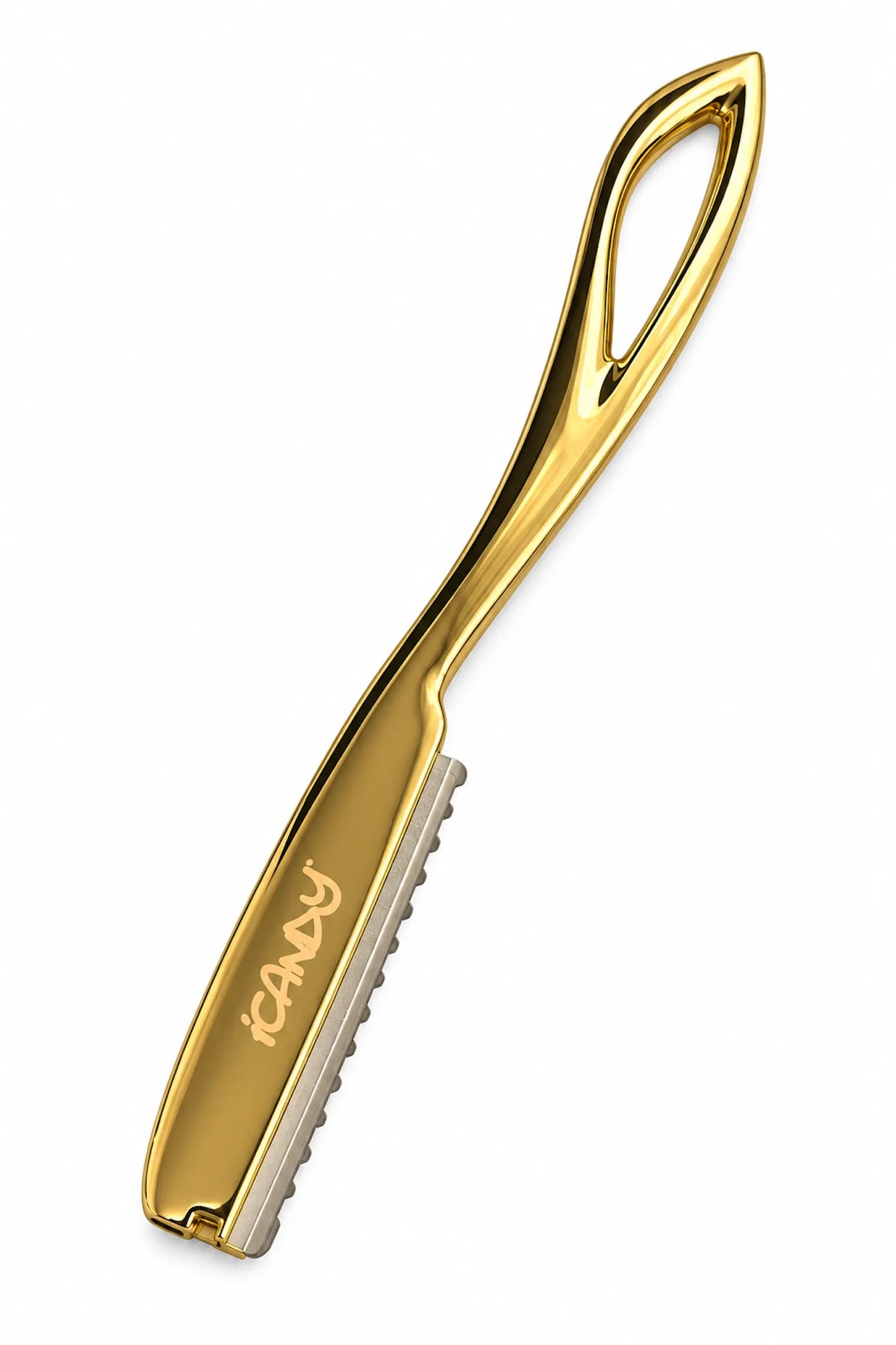 iCandy LUXE Magnetic Yellow Gold Feathering Razor with sculpted non-swivel handle and guarded blade on white background.