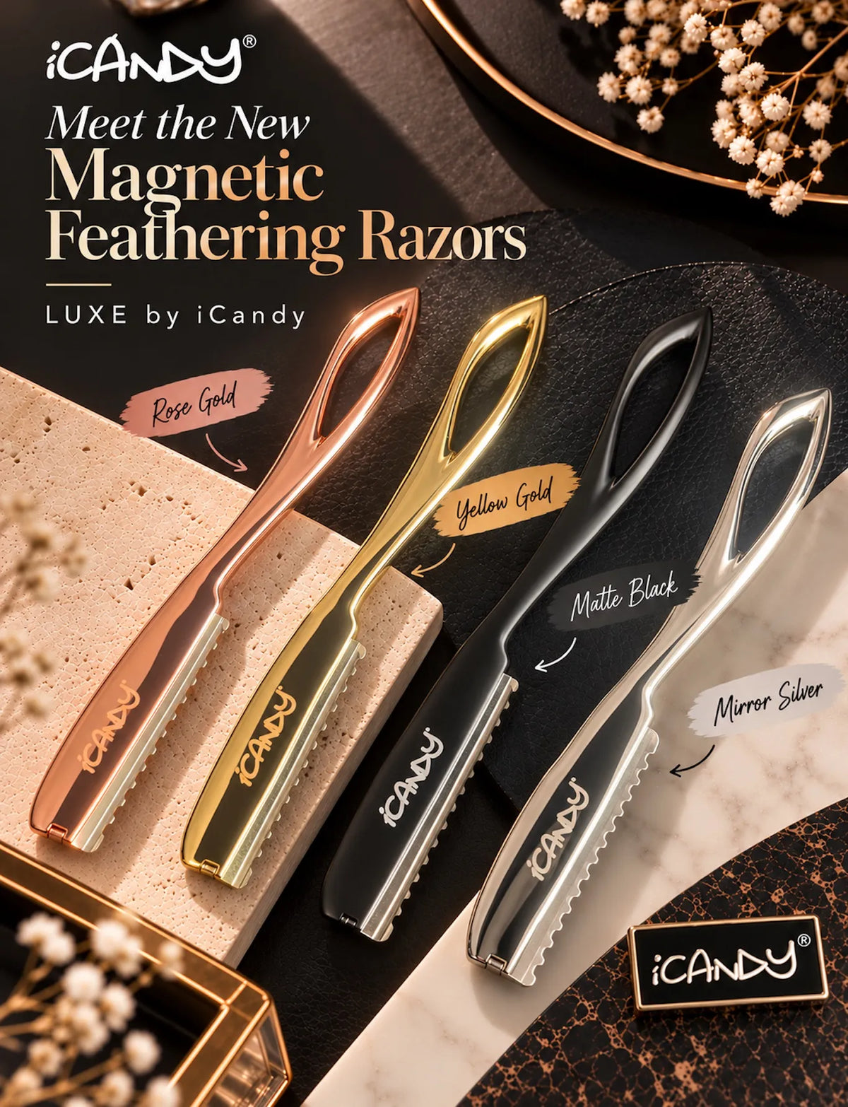 iCandy LUXE Magnetic Feathering Razor collection showing four available colours: Rose Gold, Yellow Gold, Matte Black and Mirror Silver. Available separately.