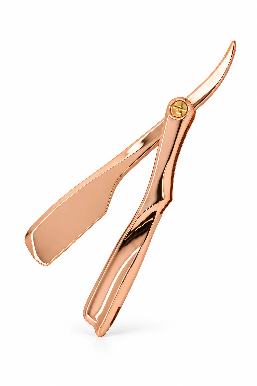 iCandy Pro Series II Rose Gold folding barber shaving razor with polished metallic finish, open handle and replaceable blade holder, without logo engraving.