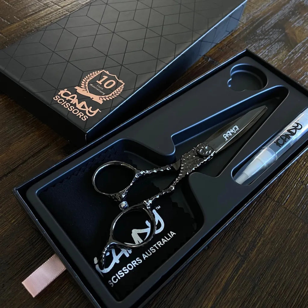 iCandy SWORD PRO Midnight Black VG10 Hairdressing Scissors 6.1 inch Limited Edition presented in the official iCandy premium gift box, handcrafted from Japanese VG10 steel with an artisan hand-hammered handle and Midnight Black titanium finish for elite salon performance.