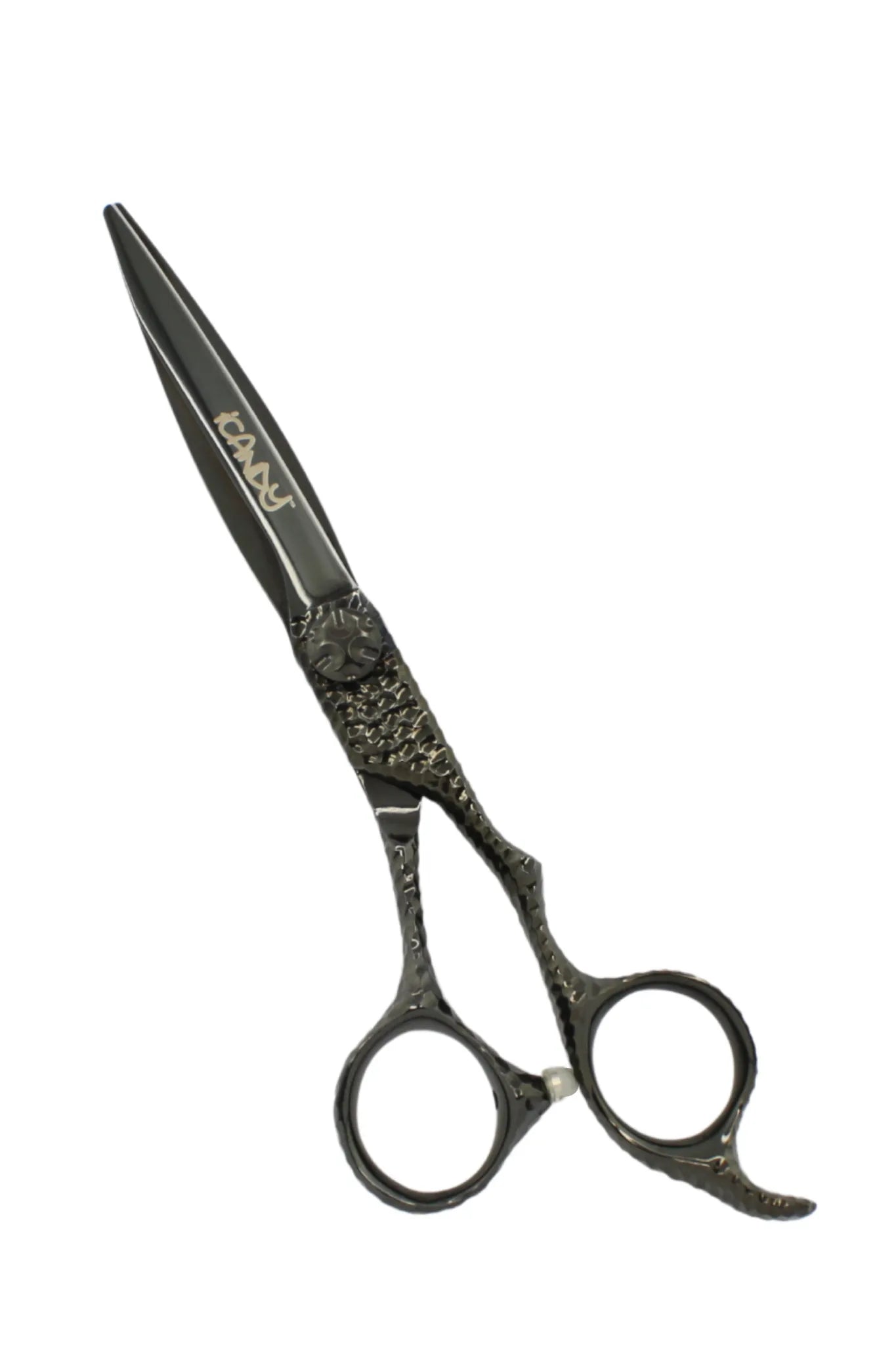 iCandy SWORD PRO Midnight Black VG10 professional hairdressing scissors 6.1 inch featuring handcrafted Japanese VG10 steel, Sword Mountain convex blade, artisan hand-hammered handle and premium Midnight Black titanium finish for effortless precision haircutting.
