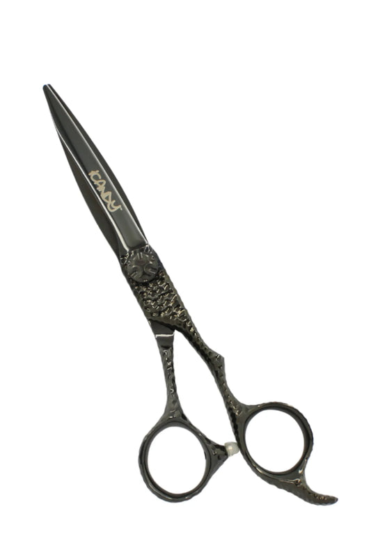 iCandy SWORD PRO Midnight Black VG10 professional hairdressing scissors 6.1 inch featuring handcrafted Japanese VG10 steel, Sword Mountain convex blade, artisan hand-hammered handle and premium Midnight Black titanium finish for effortless precision haircutting.
