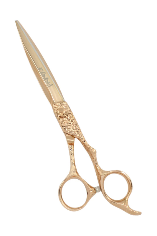 iCandy SWORD PRO Rose Gold VG10 professional hairdressing scissors 6.6 inch featuring handcrafted Japanese VG10 steel, Sword Mountain convex blade, artisan hand-hammered handle and radiant Rose Gold Titanium finish for precision haircutting.
