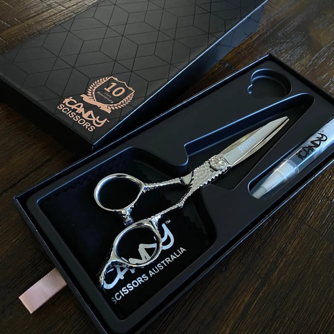 iCandy SWORD PRO Silver VG10 Hairdressing Scissors 6.1 inch Limited Edition presented in the official iCandy premium gift box, handcrafted from Japanese VG10 steel with an artisan hand-hammered handle and mirror polished silver finish for exceptional salon cutting performance.