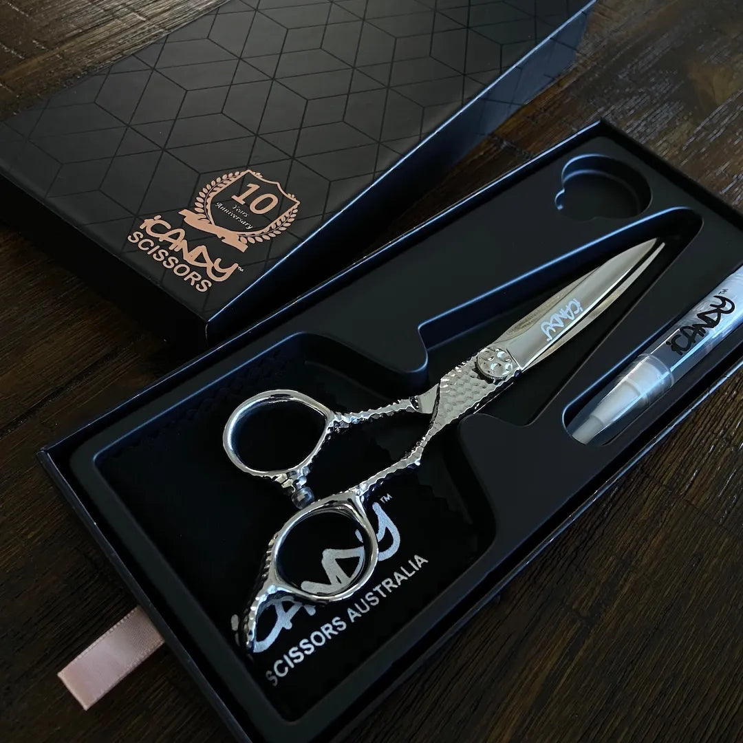 iCandy SWORD PRO Silver VG10 Hairdressing Scissors 6.6 inch Limited Edition presented in the official iCandy premium gift box, handcrafted from Japanese VG10 steel with an artisan hand-hammered handle and mirror polished finish for elite salon performance.
