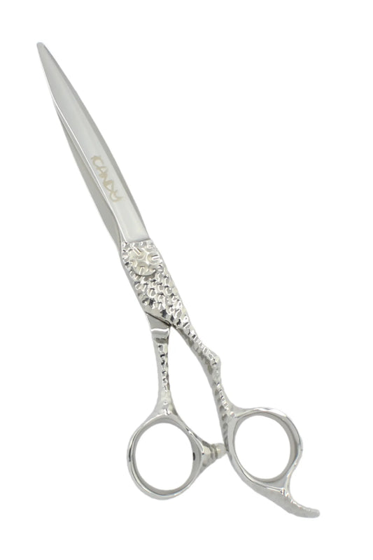 iCandy SWORD PRO Silver VG10 professional hairdressing scissors 6.6 inch featuring handcrafted Japanese VG10 steel, Sword Mountain convex blade, artisan hand-hammered handle and mirror polished silver finish for precision haircutting.