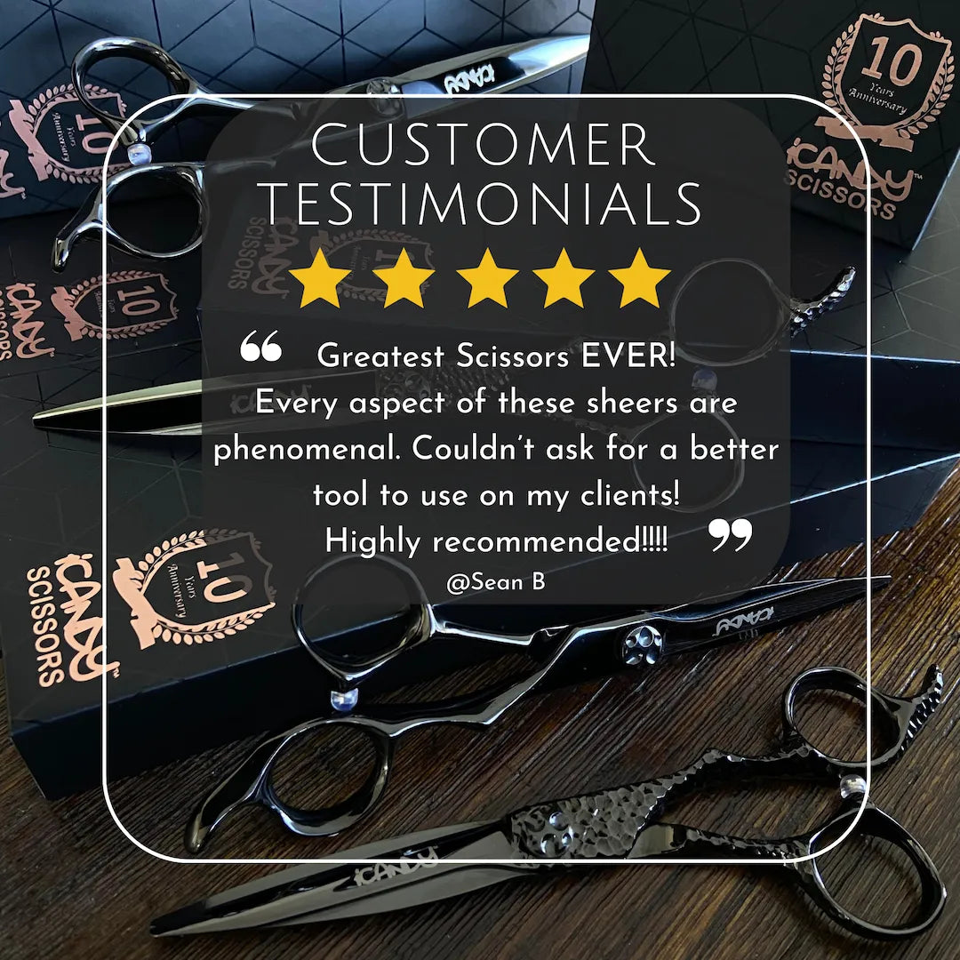 Verified 5-star customer review for the iCandy SWORD PRO Midnight Black VG10 Hairdressing Scissors, recognising razor-sharp performance, exceptional balance, luxurious craftsmanship and all-day professional salon comfort.