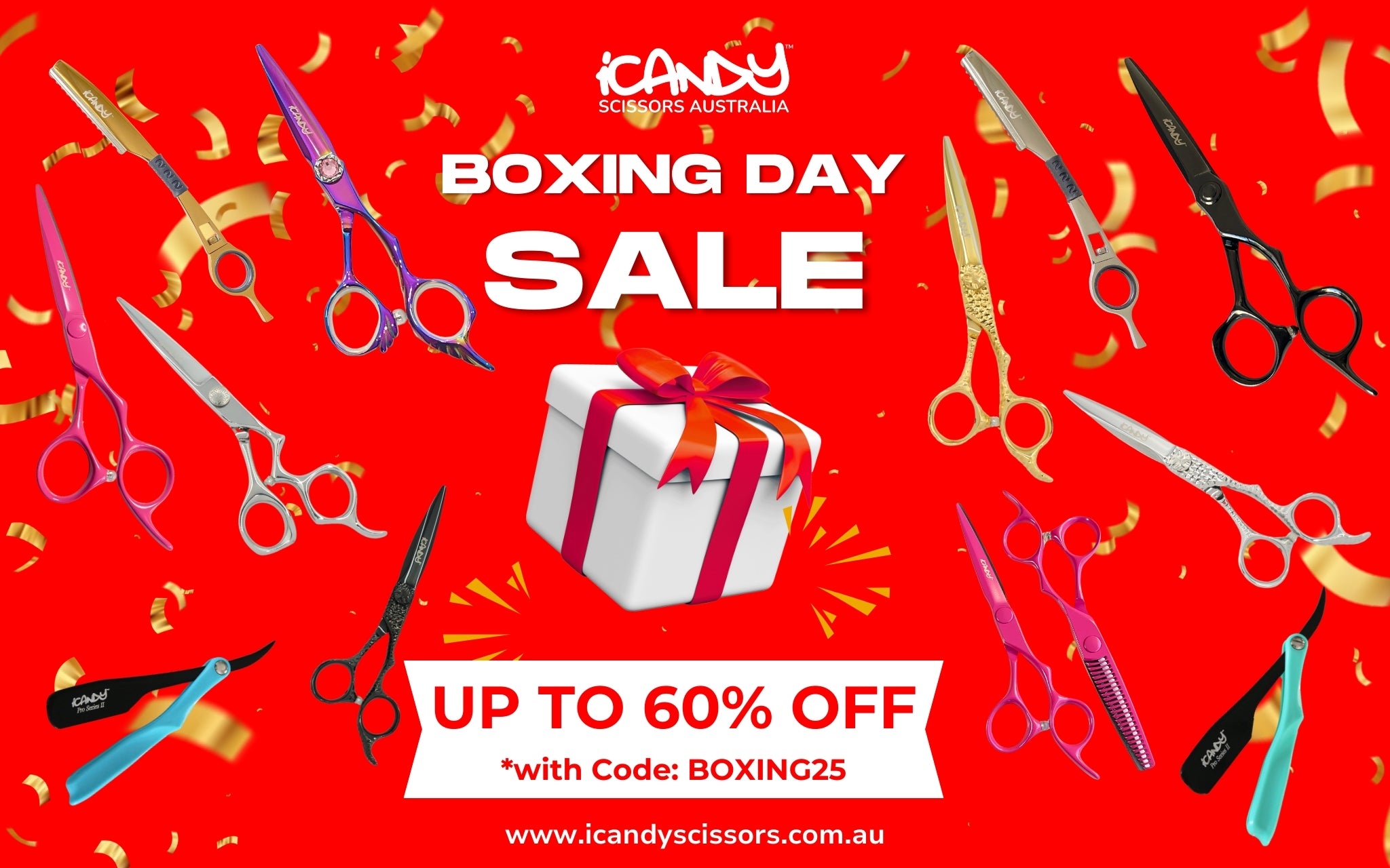 iCandy Scissors Boxing Day 2025 banner with Boxing Day sale. Best Hairdressing Scissor and Barber Scissors