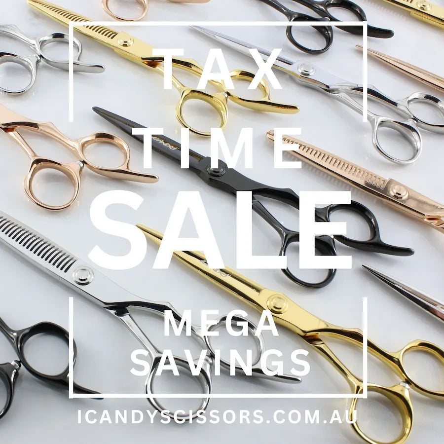 iCandy Scissors Tax Time Sale 2026 featuring premium Japanese hairdressing and barber scissors with limited-time savings, free global shipping over $99, and a lifetime warranty for professional hairdressers and barbers.