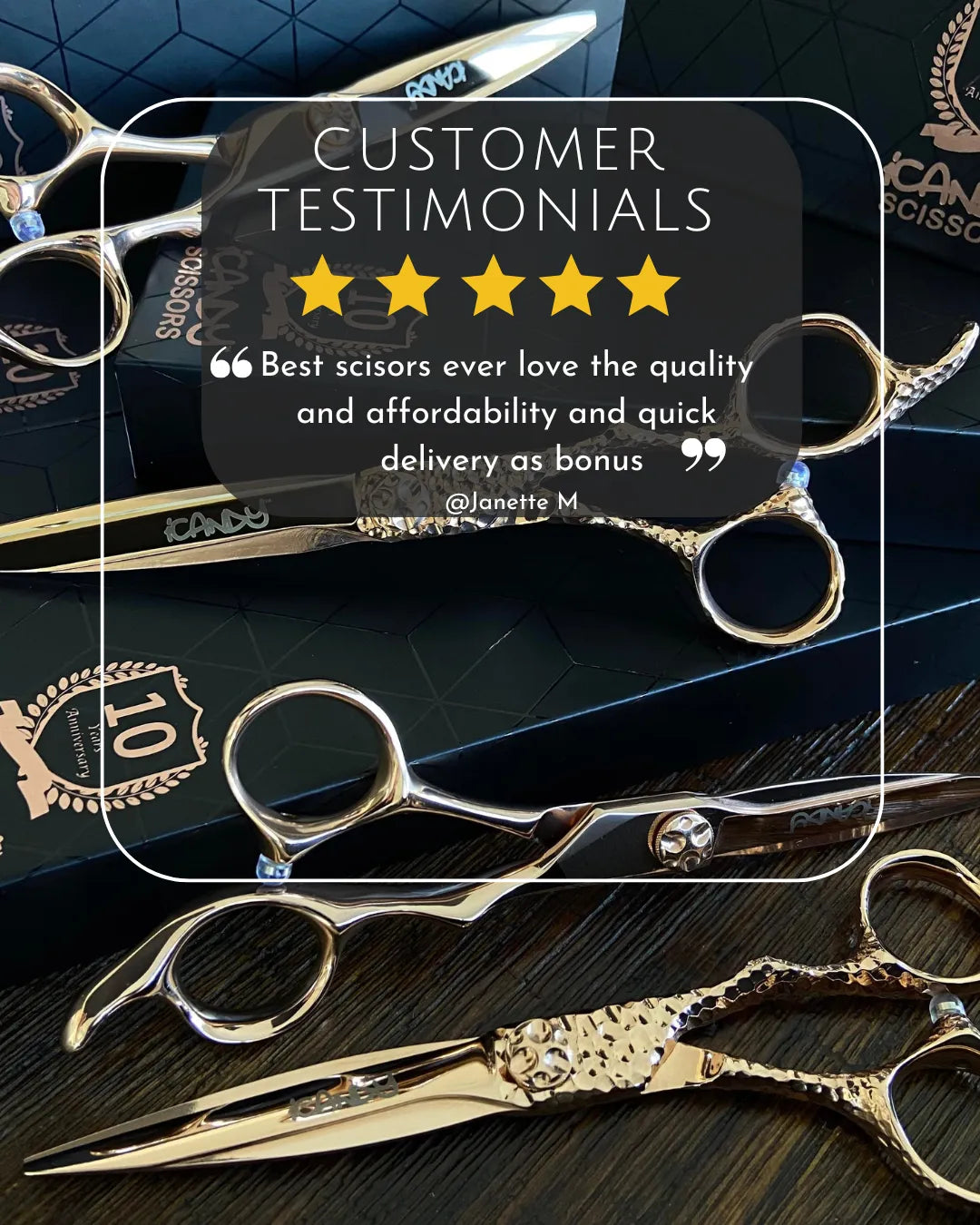 Verified 5-star customer review from Janette M celebrating the iCandy SWORD PRO Rose Gold VG10 Hairdressing Scissors for exceptional quality, Best scisors ever love the quality and affordability and quick delivery as bonus, professional salon performance.