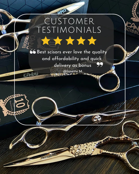 Verified 5-star customer review from Janette M celebrating the iCandy SWORD PRO Rose Gold VG10 Hairdressing Scissors for exceptional quality, Best scisors ever love the quality and affordability and quick delivery as bonus, professional salon performance.