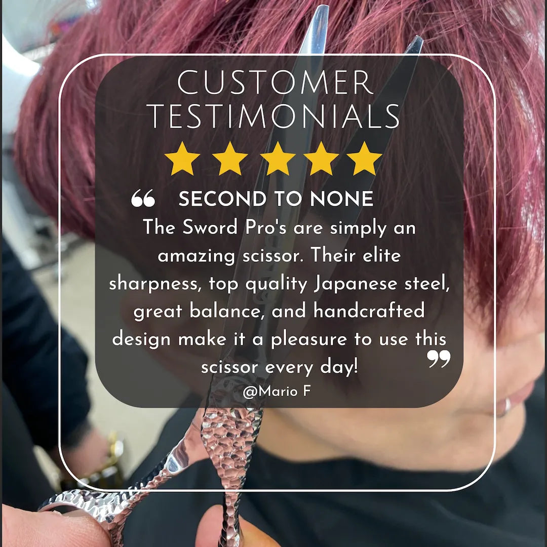 Verified 5-star customer review from Mario F praising the iCandy SWORD PRO Silver VG10 Hairdressing Scissors for outstanding sharpness, precision craftsmanship and exceptional professional salon performance.