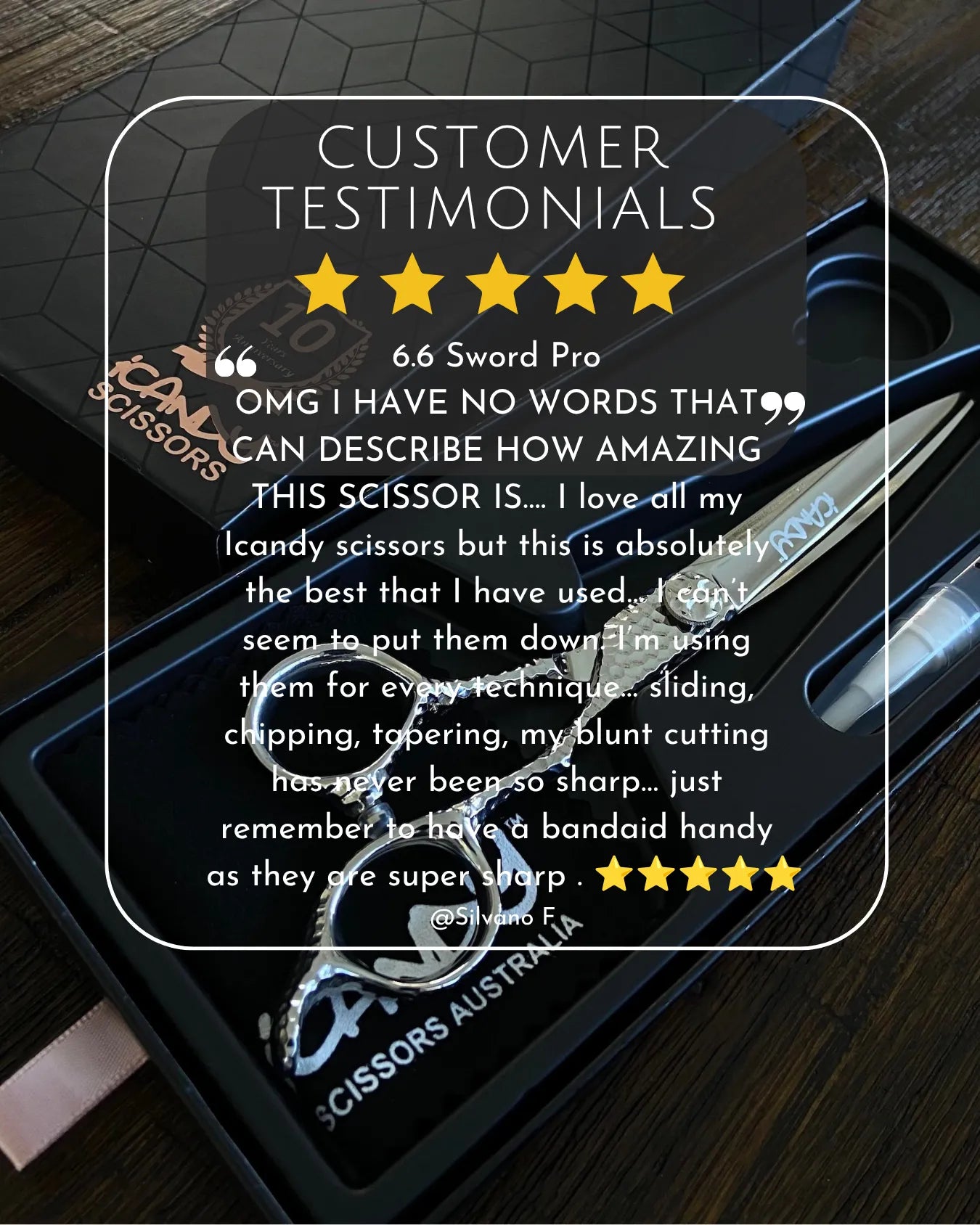 Verified 5-star review from Silvano F praising the iCandy SWORD PRO Silver VG10 Hairdressing Scissors for exceptional sharpness, effortless slide cutting, outstanding balance and professional salon performance.