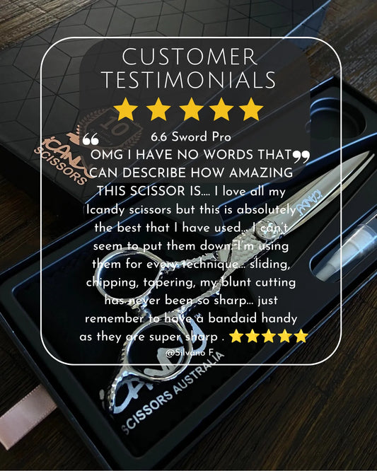 Verified 5-star review from Silvano F praising the iCandy SWORD PRO Silver VG10 Hairdressing Scissors for exceptional sharpness, effortless slide cutting, outstanding balance and professional salon performance.
