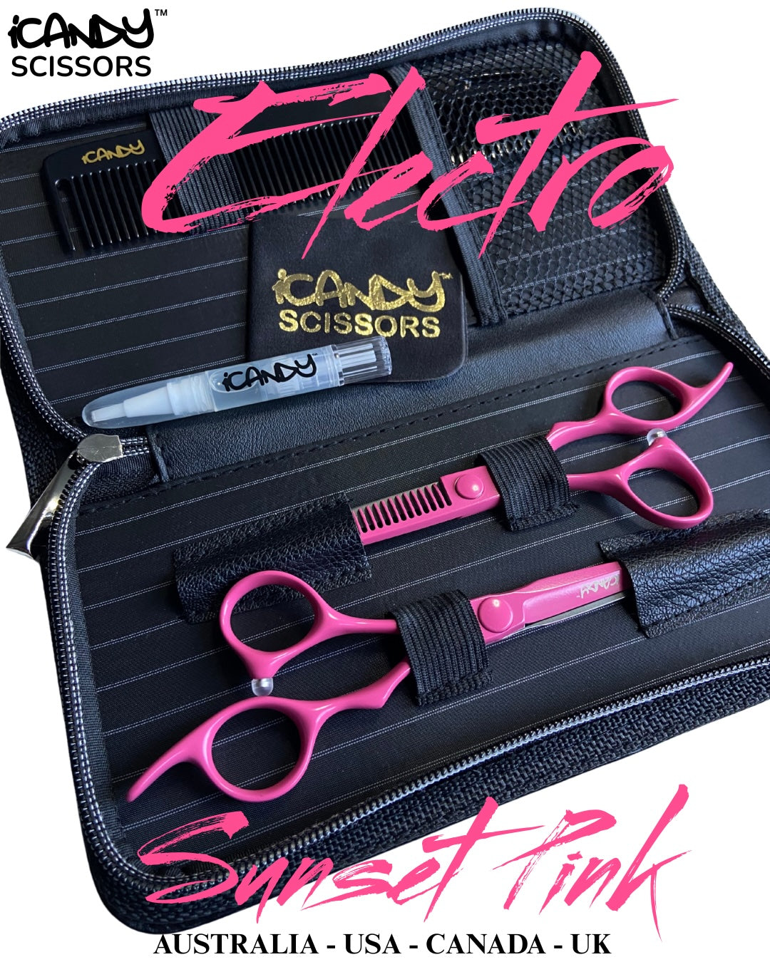 iCandy ELECTRO VG10 Sunset Pink Hairdressing and Barber Scissors Bundle Poster – Professional Japanese Steel Shears for Stylists and Barbers
