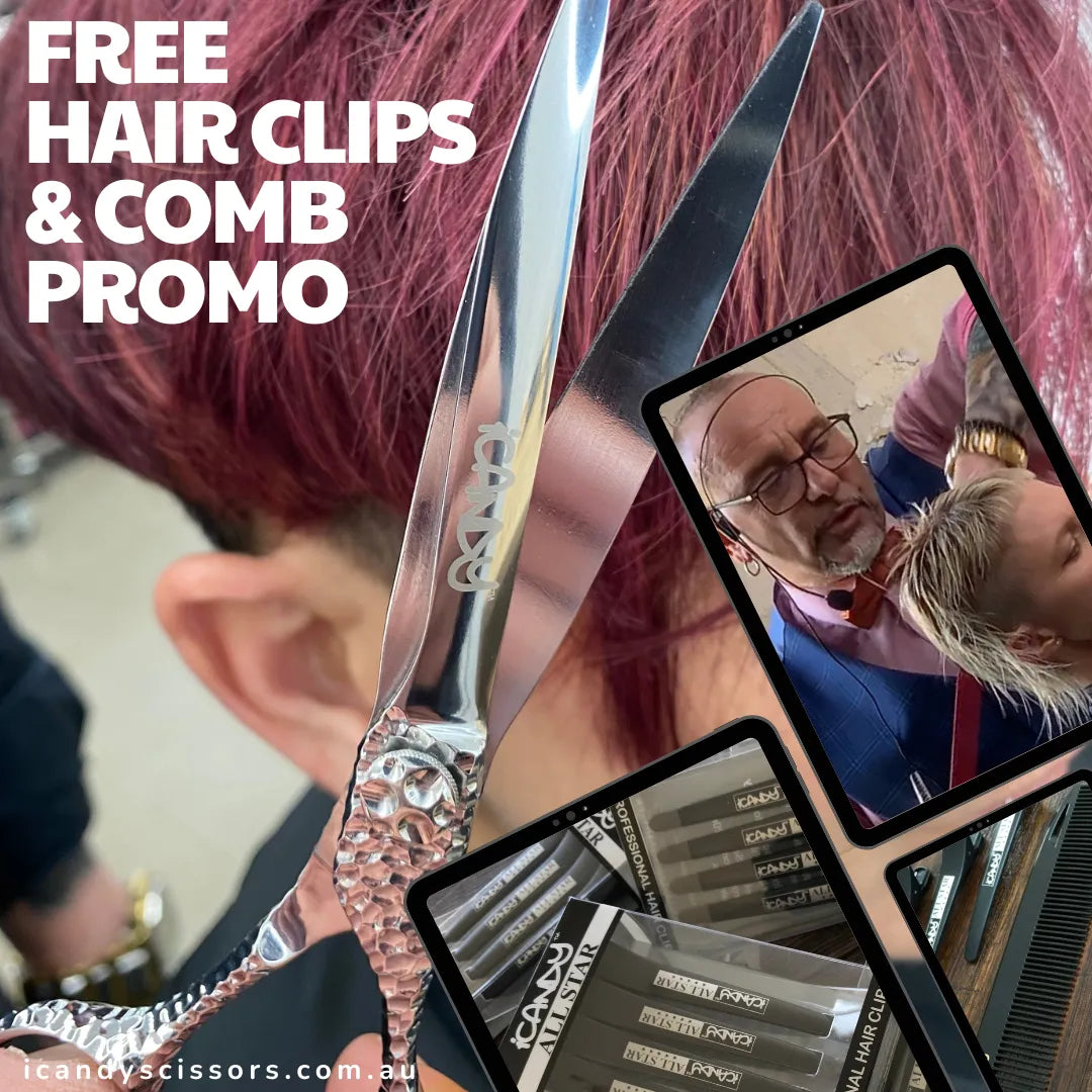 Professional iCandy hairdressing and barber scissors with Free Hair Clips & Comb promotion, featuring iCandy hair clips and comb during a live haircut demonstration.