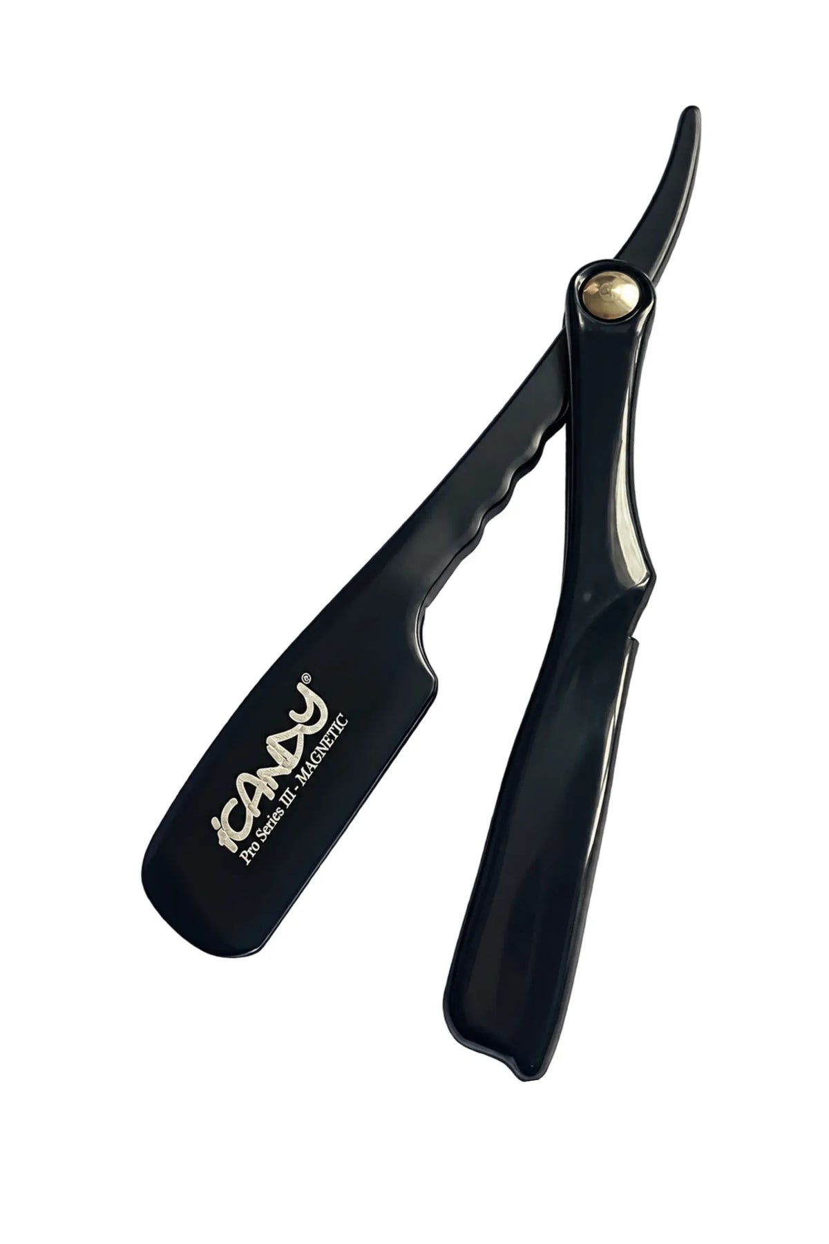 iCandy Pro Series III Magnetic Black barber shaving razor with folding handle and precision pivot