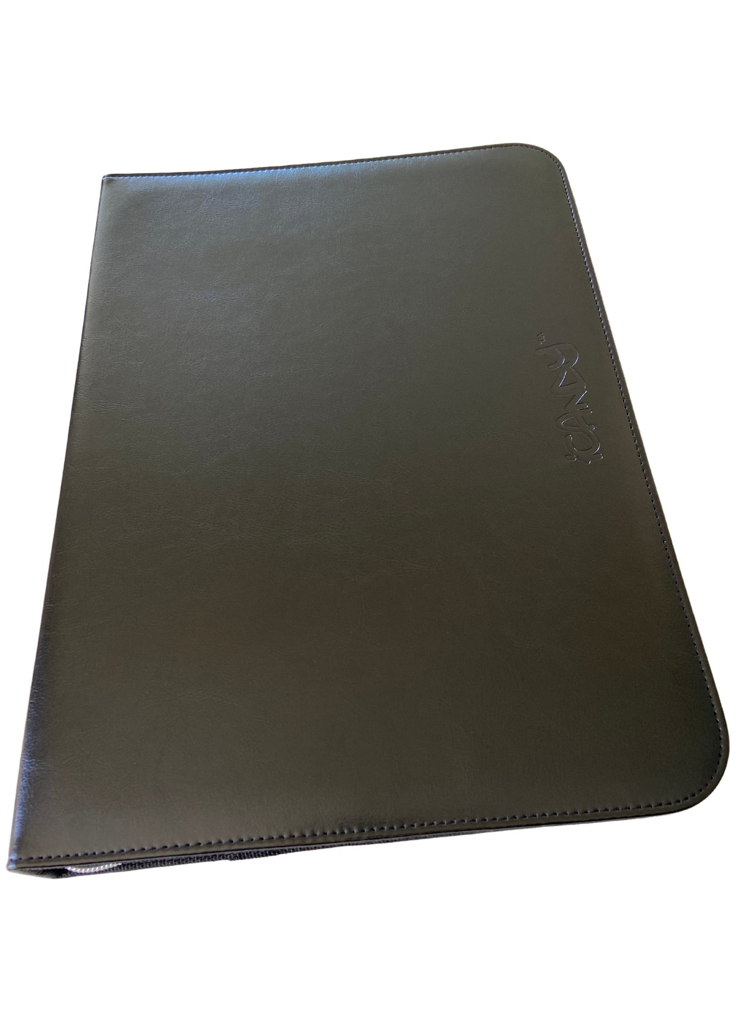 Front view of iCandy black leather scissor zip case with a iCandy embossed logo.