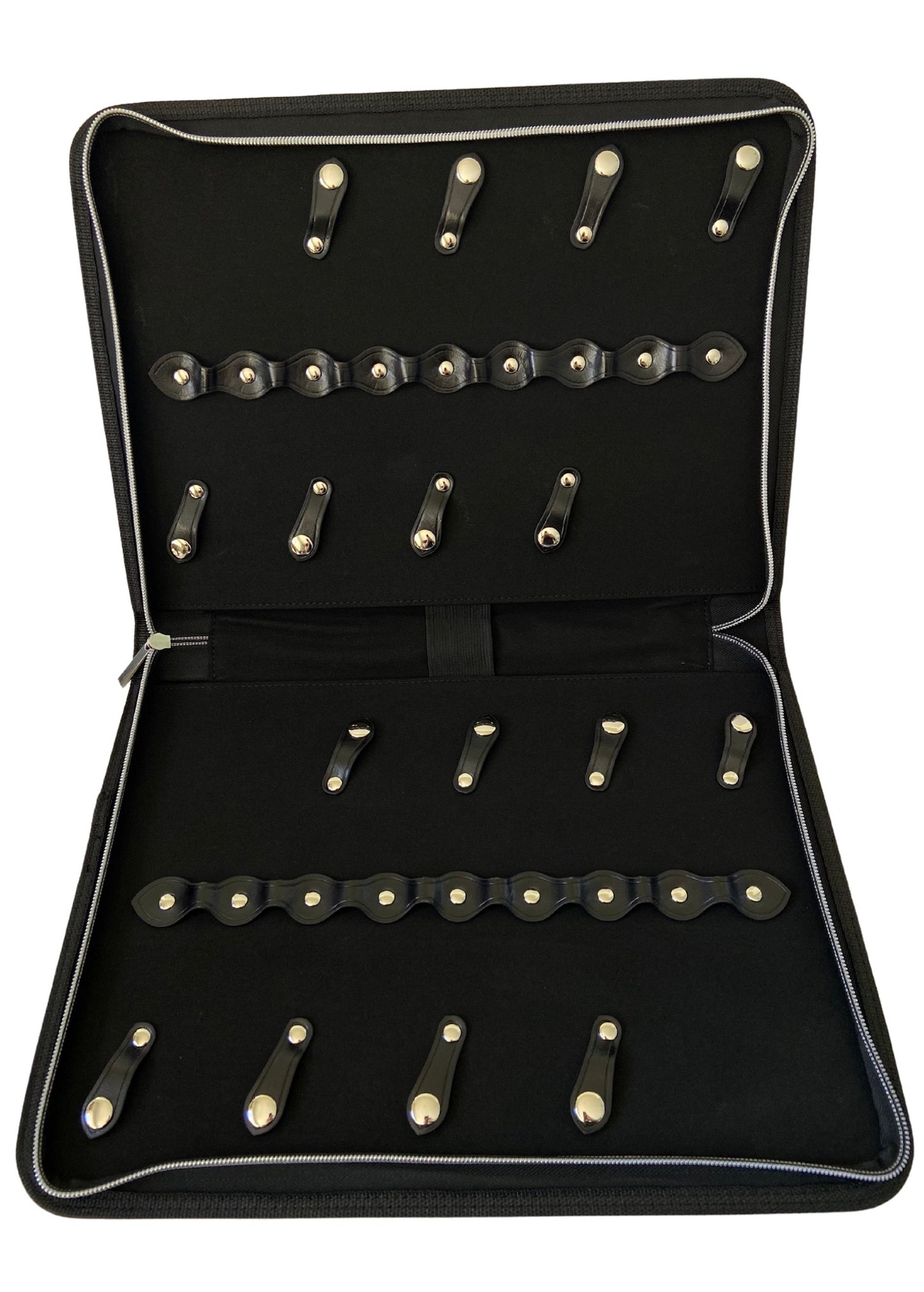 An open iCandy black leather scissor zip case displaying 16 multiple scissor slots. The case features premium buttons and stitching with a iCandy embossed logo.