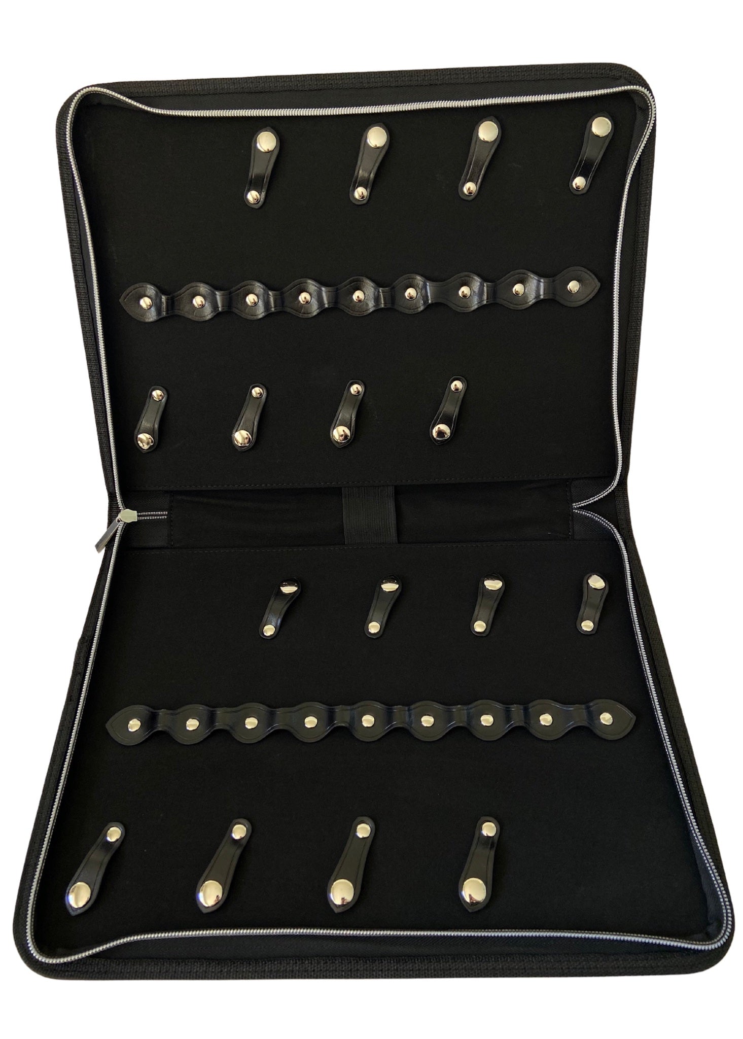An open iCandy black leather scissor zip case displaying 16 multiple scissor slots. The case features premium buttons and stitching with a iCandy embossed logo.