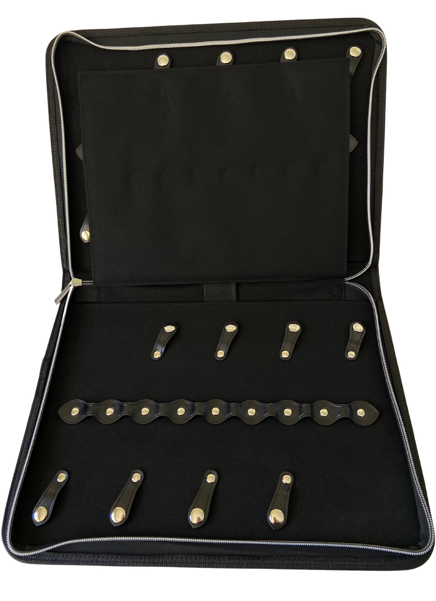 An open iCandy black leather scissor zip case displaying 16 multiple scissor slots with soft viewing pad lifted. The case features premium buttons and stitching with a iCandy embossed logo.